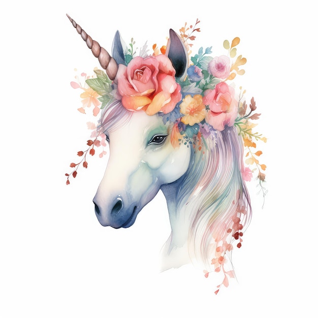 Unicornio con corona de flores en la cabeza