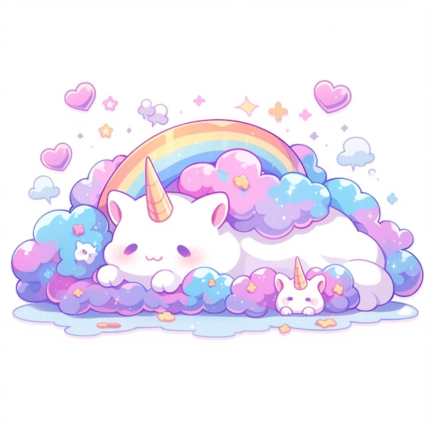 unicórnio de desenho animado dormindo na nuvem com arco-íris e estrelas generativas ai