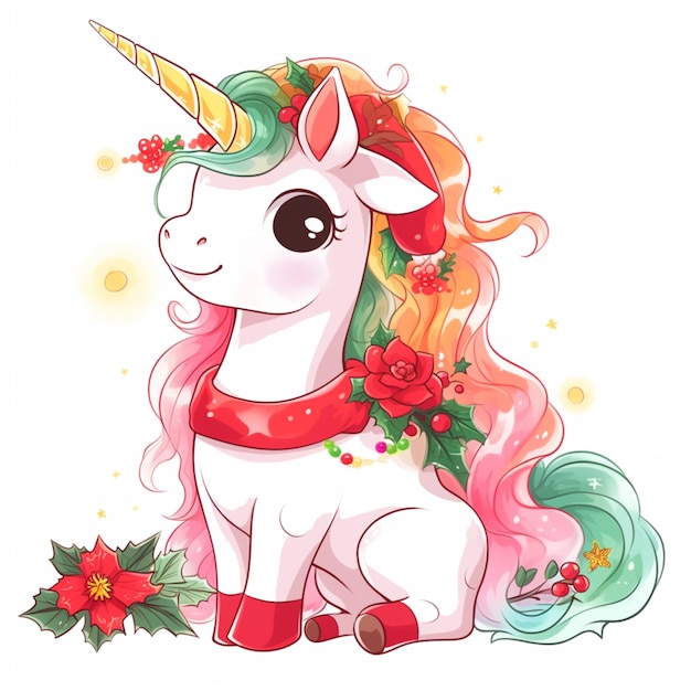 Unicornio de dibujos animados con adornos navideños sentado en el suelo generativo ai