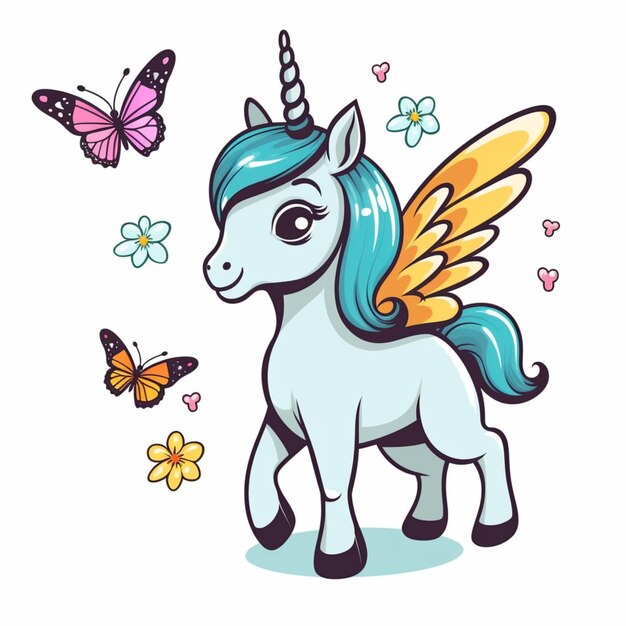 Foto unicornio de dibujos animados con alas de mariposa y flores generativo ai