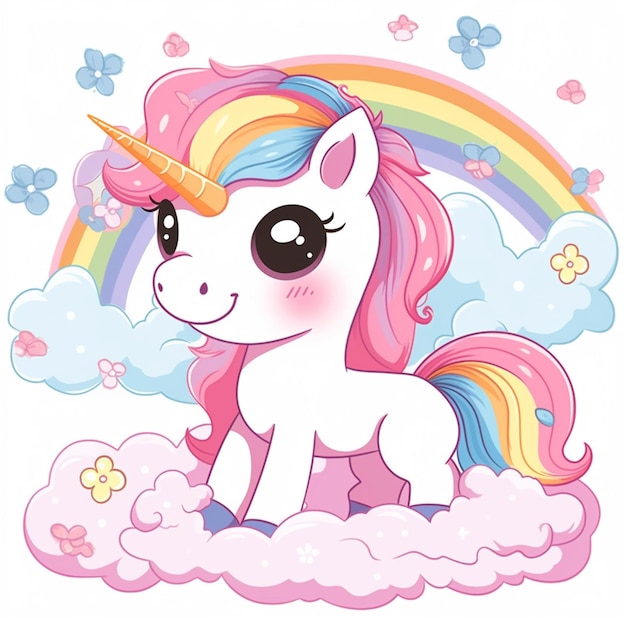 Foto unicornio de dibujos animados con arco iris y nubes en un fondo blanco