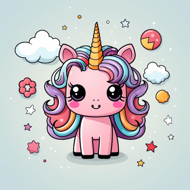 un unicornio de dibujos animados con cabello de arco iris y cabello de arcángel