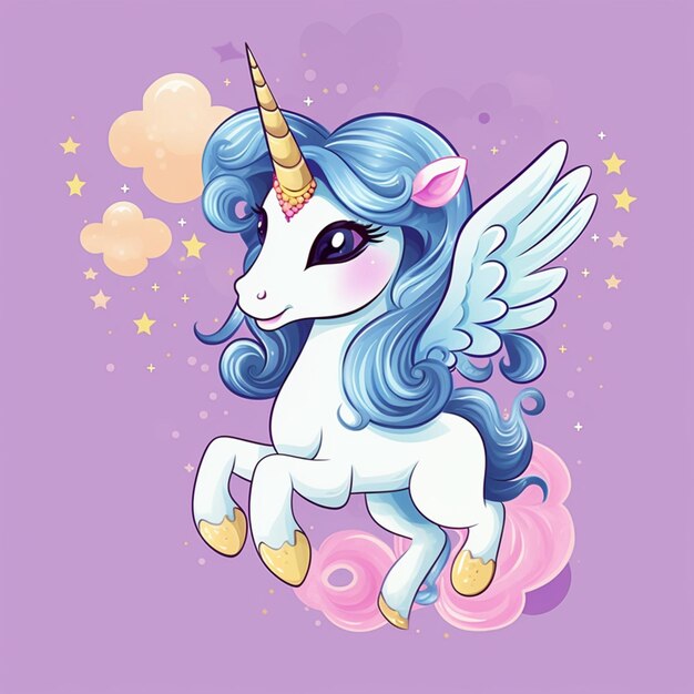 Foto unicornio de dibujos animados con cabello azul y alas volando en el cielo generativo ai