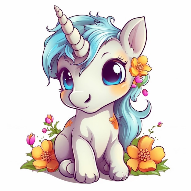 unicornio de dibujos animados con cabello azul y flores sentado en la hierba generativo ai