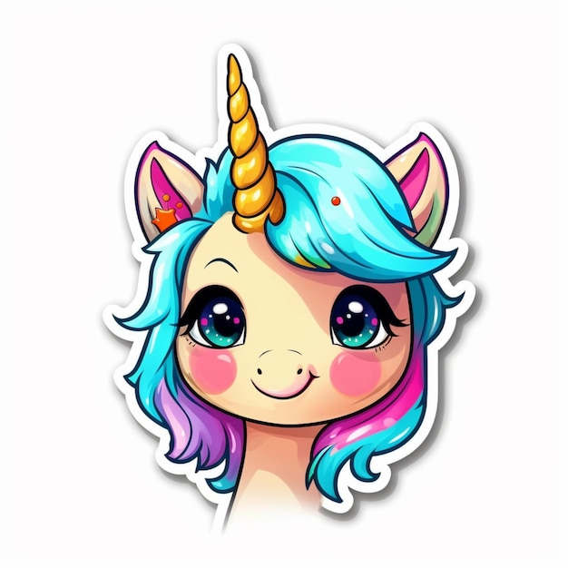 Un unicornio de dibujos animados con cabello azul y morado y melena rosa.