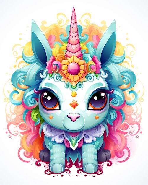 Unicornio de dibujos animados con cabello colorido y un ai generativo de cuerno