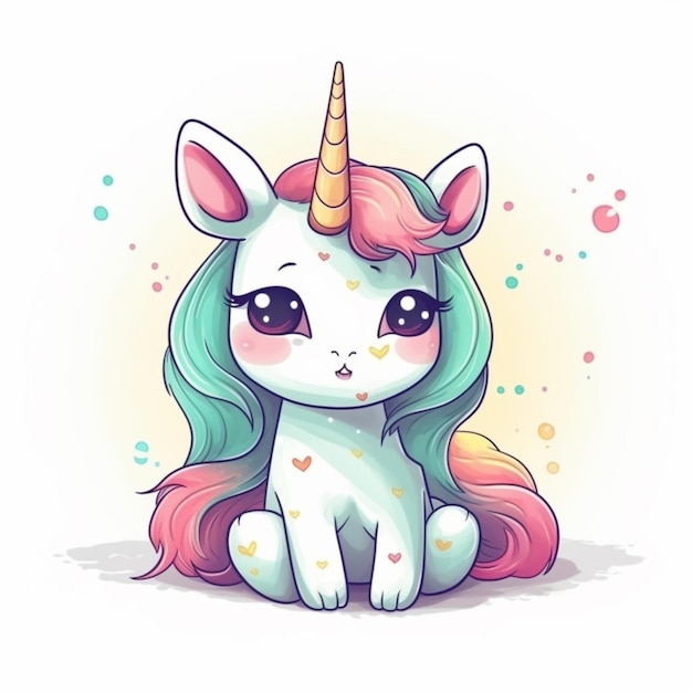 Foto unicornio de dibujos animados con cabello largo y melena colorida sentado en el suelo generativo ai