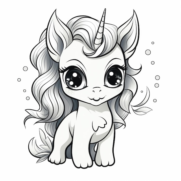 un unicornio de dibujos animados con cabello largo y ojos grandes generativo ai