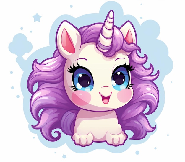 Unicornio de dibujos animados con cabello morado y melena rosa ai generativo