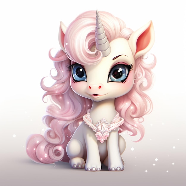 unicornio de dibujos animados con cabello rosado y un vestido blanco sentado ai generativo