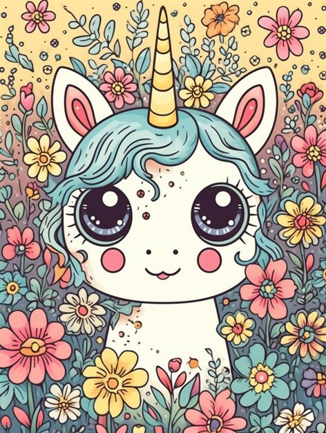 Foto un unicornio de dibujos animados con un cuerno rodeado de flores generativas ai