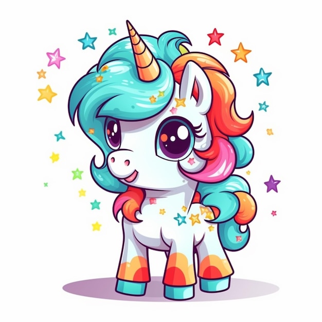 Unicornio de dibujos animados con estrellas y arco iris generativo ai