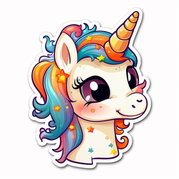 unicornio de dibujos animados con estrellas y arco iris en su cara ai generativa