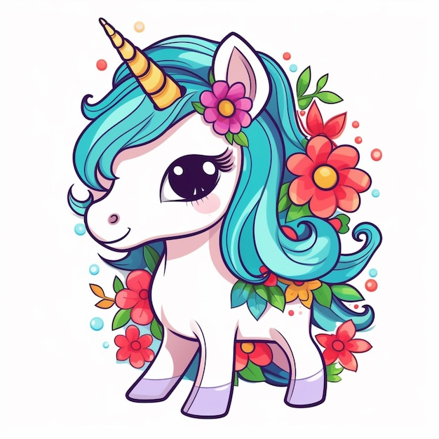 Foto unicornio de dibujos animados con flores y hojas en la cabeza ai generativo