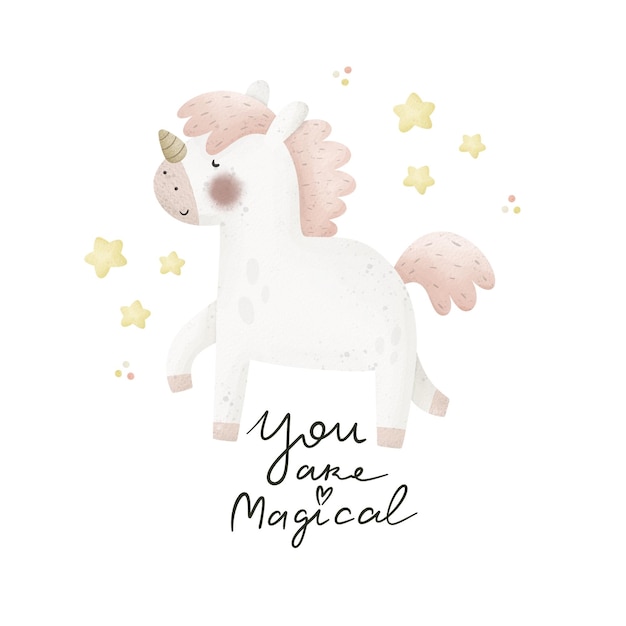 Unicornio de dibujos animados con letras dibujadas a mano Ilustración de colores Diseño de estilo plano para impresión de tarjetas