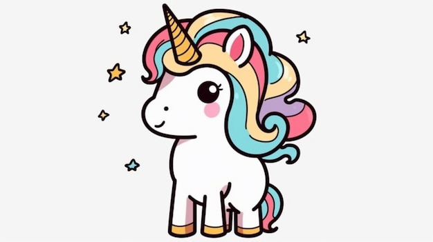 Foto un unicornio de dibujos animados con una melena arco iris y estrellas en su cabeza generativo ai