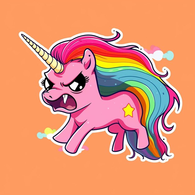 Foto unicornio de dibujos animados con melena de arco iris y estrellas en su cara generativa ai