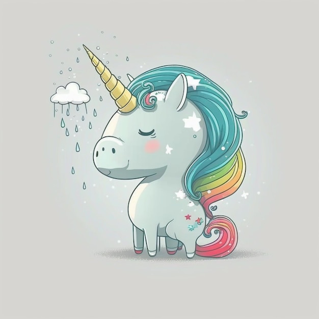 Unicornio de dibujos animados con melena de arco iris y gotas de lluvia ai generativo