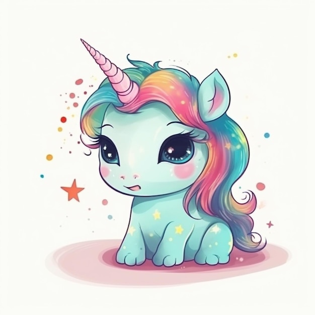 un unicornio de dibujos animados con una melena arco iris sentado en el suelo generativo ai