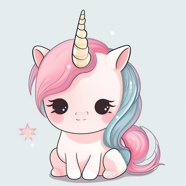 Un unicornio de dibujos animados con una melena azul sentada en el suelo generativo ai