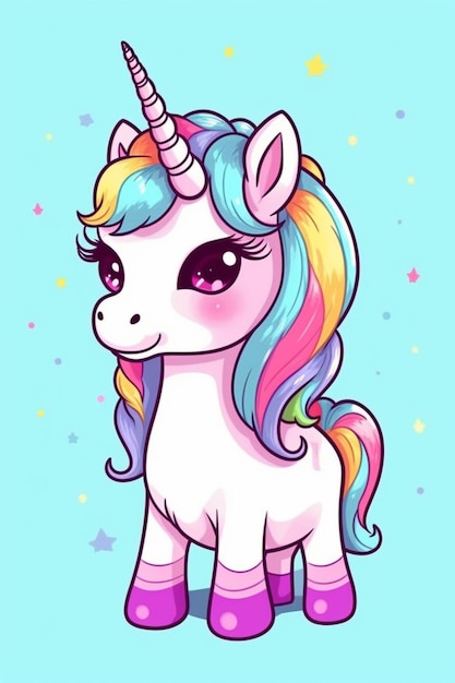 un unicornio de dibujos animados con una melena colorida y un fondo azul generativo ai