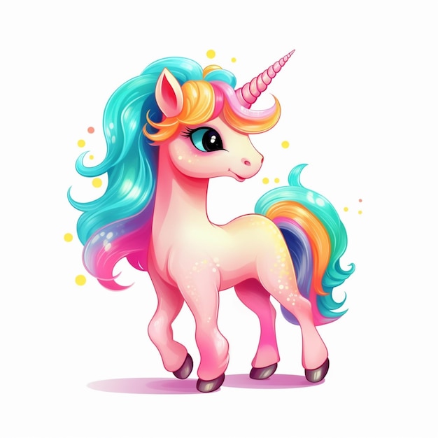 Unicornio de dibujos animados con melena colorida y melena azul de pie sobre una superficie blanca generativa ai