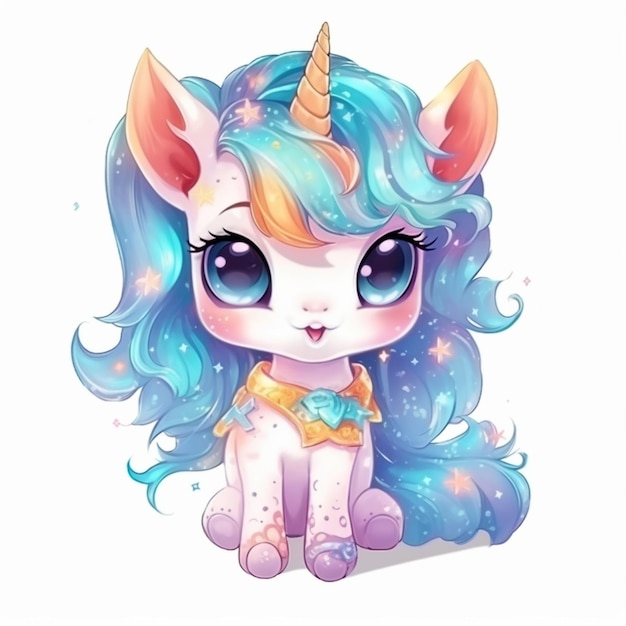 unicornio de dibujos animados con pelo azul y un collar dorado ai generativa