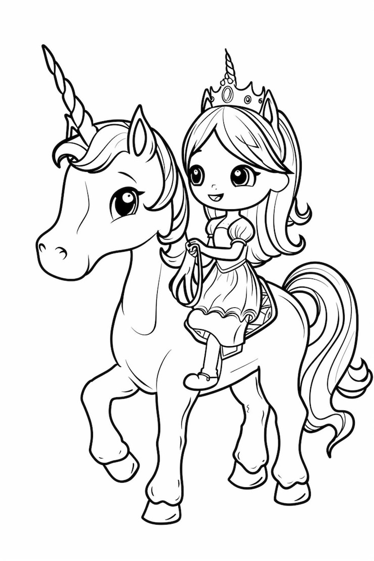 un unicornio de dibujos animados con una princesa montada en él