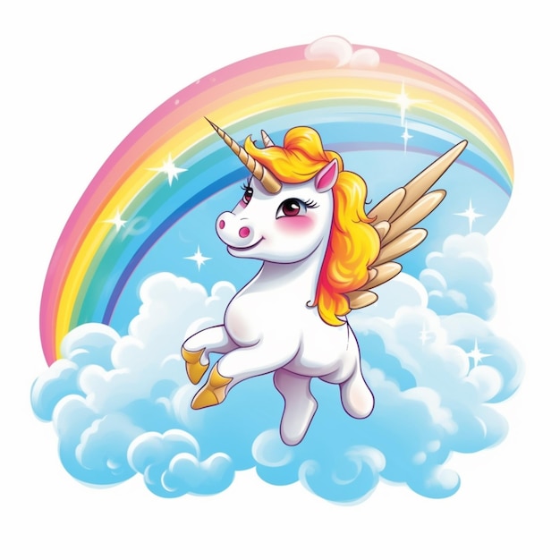 unicornio de dibujos animados volando en el cielo con un arco iris detrás de él generativo ai