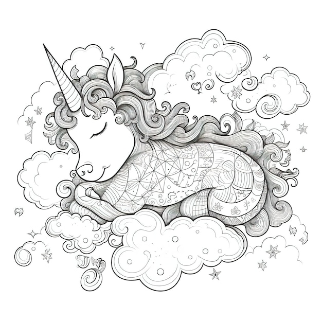 Un unicornio durmiendo en una nube con un patrón de estrellas.