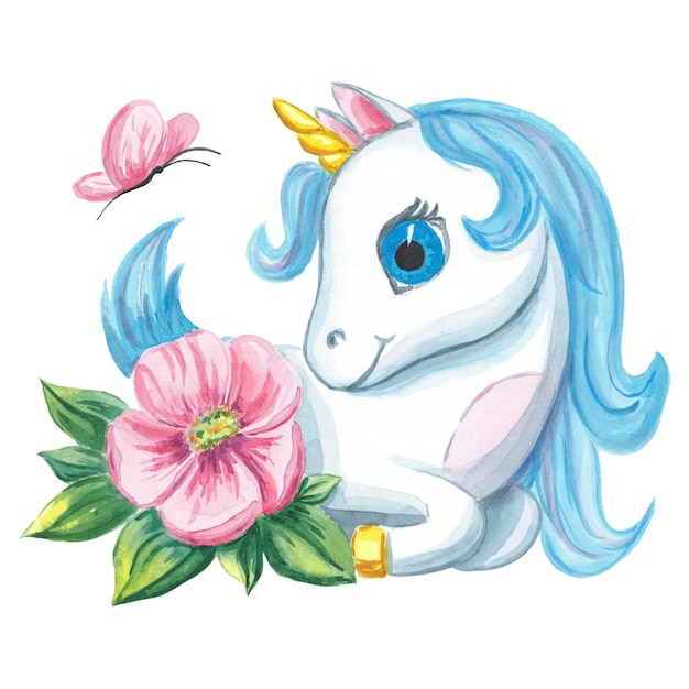 Unicórnio em personagem de conto de fadas de flores