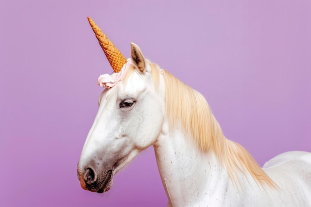 unicórnio engraçado aspirante a cavalo branco com um cone de sorvete em vez de um chifre e sorvete de morango no rosto de fundo pastel