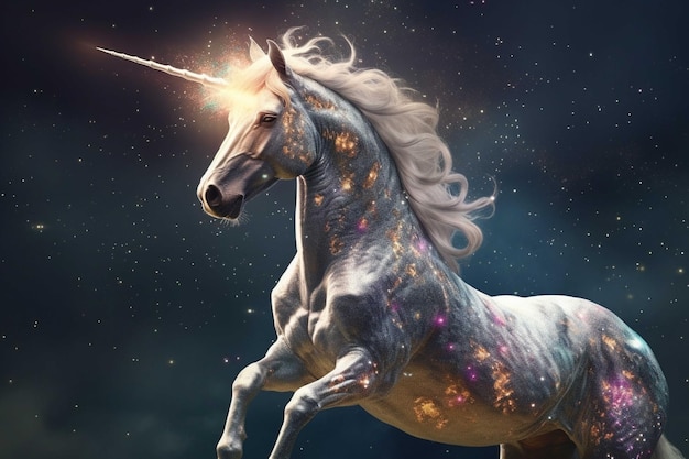 Unicornio en el espacio con estrellas y nebulosa renderización 3D