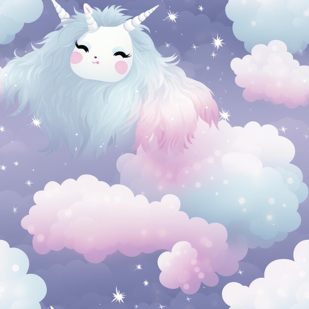 El unicornio esponjoso en las nubes con un patrón sin costuras