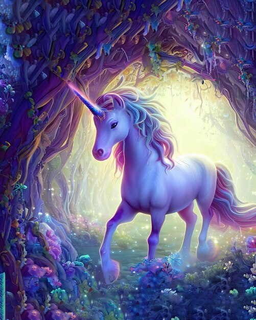 Un unicornio está en un bosque con una melena morada y una cola morada.