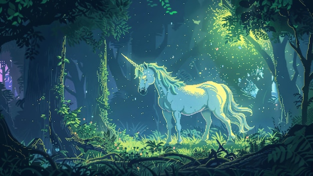 Un unicornio está de pie en un bosque iluminado por la luna