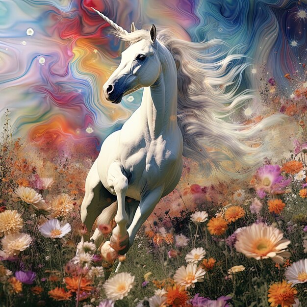 un unicornio está volando a través de un campo de flores