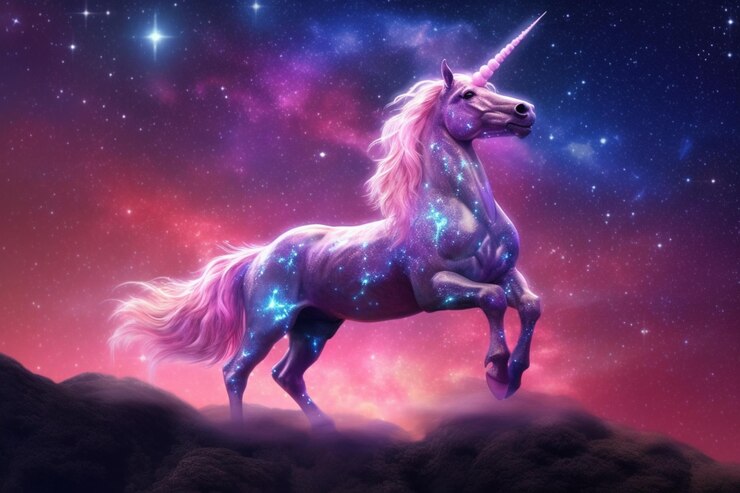 Un unicornio con estrellas moradas en la espalda.
