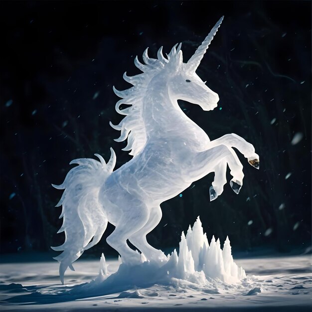 Foto un unicornio con una etiqueta en su oreja está de pie en la nieve