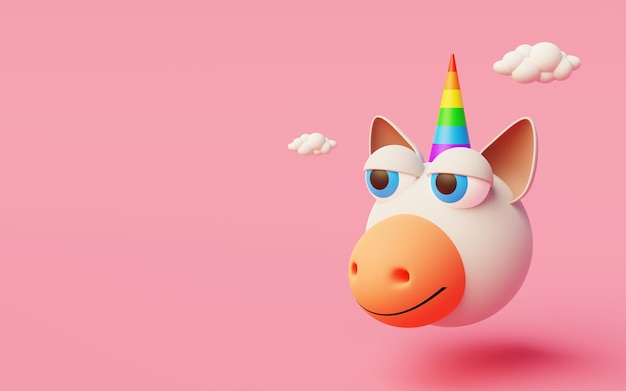 Unicornio de fantasía con cuerno de arco iris para cuentos infantiles y fondo rosa con espacio para copiar