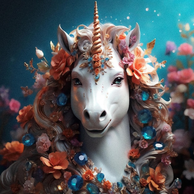 Unicornio de fantasía rodeado por una corona de flores 3D y joyas de IA generativa