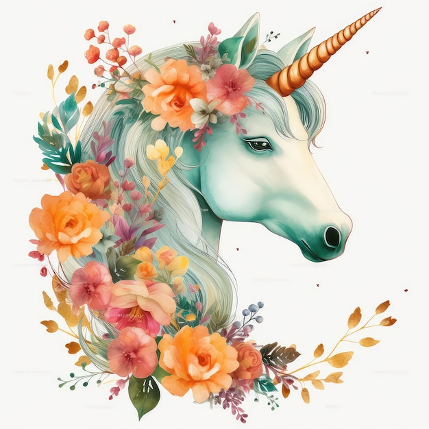 Un unicornio con flores en la cabeza y la palabra unicornio en el frente.