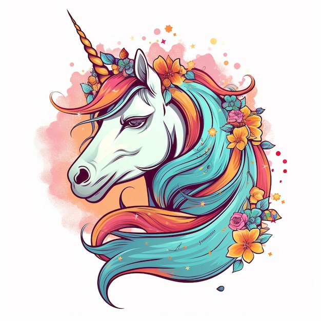 Unicornio con flores y un cuerno en su cabeza generativo ai