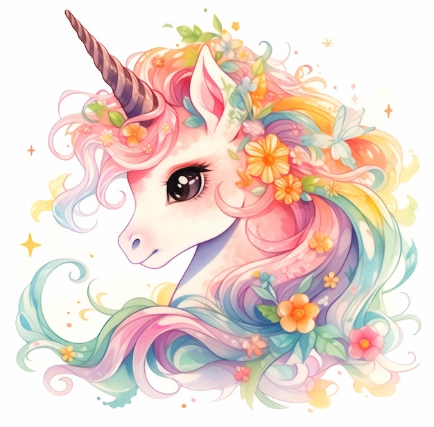 unicornio con flores y estrellas en su cabeza generativo ai