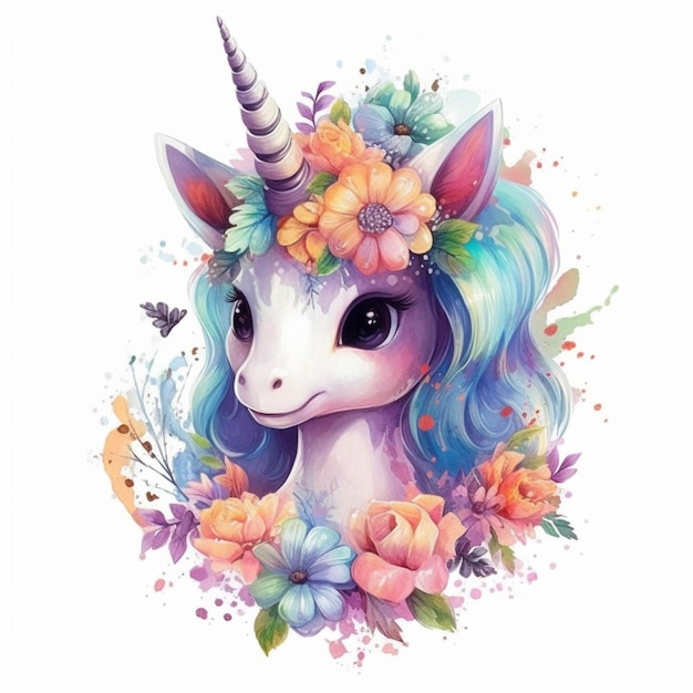 Unicornio con flores y mariposas en el cabello ai generativo.