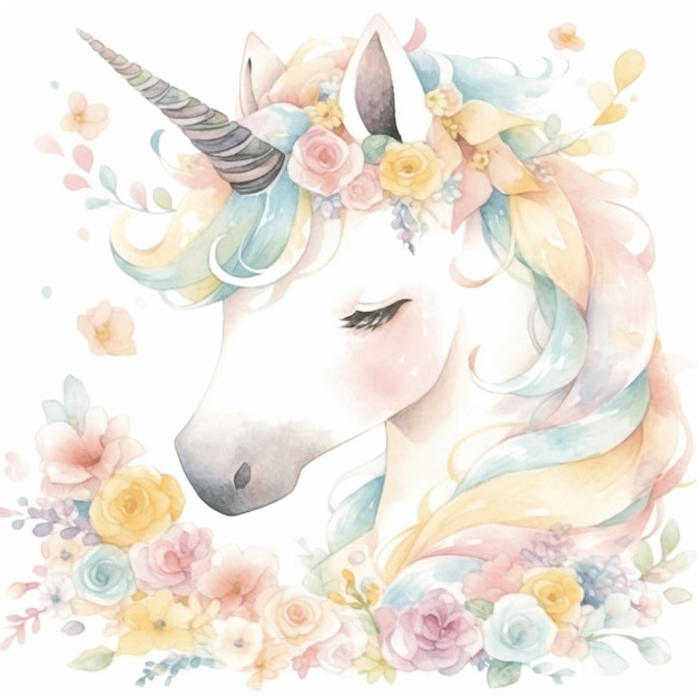 Unicornio con flores y mariposas en su melena generativa ai