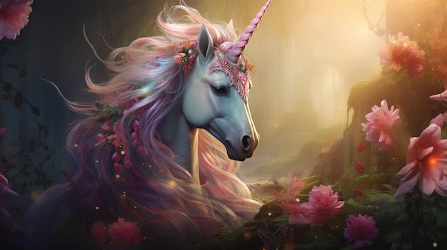 Unicornio con flores rosas en un campo floral encantador y mágico