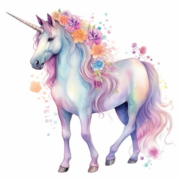 Unicornio con flores en su melena y melena generativa ai