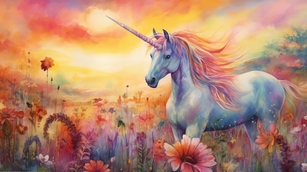 unicornio en flores vibrantes y mariposas que lo rodean luz solar brillo cálido melena iridescente y cuerno evocando una sensación de encanto y magia unicornio pintura a acuarela