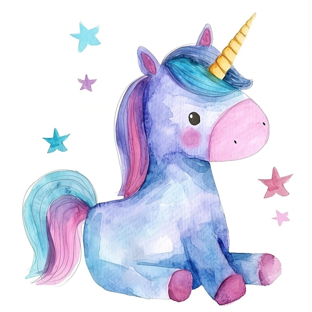 Unicórnio fofo sentado em aquarela com estrelas em fundo branco Design mágico